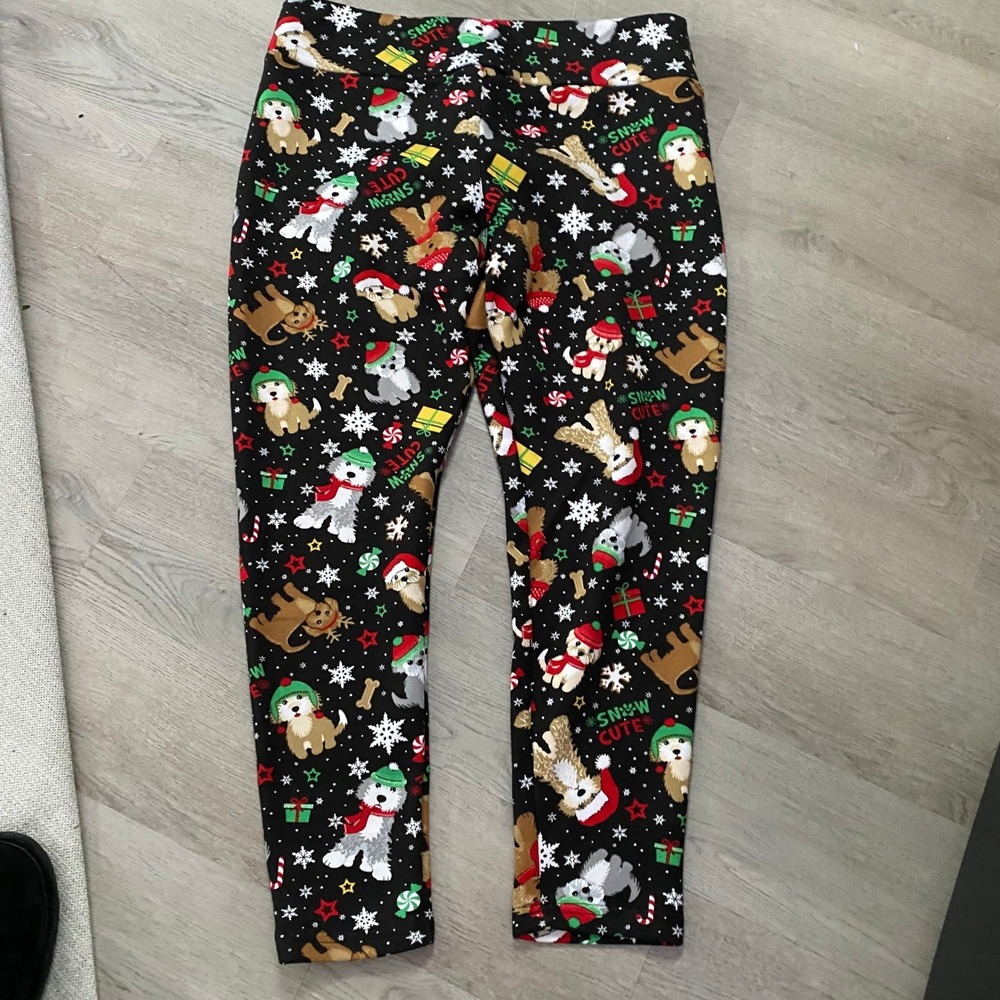 No Boundaries Fleece Leggings Womens XXL 19 Black Christmas Snow Puppy Holiday